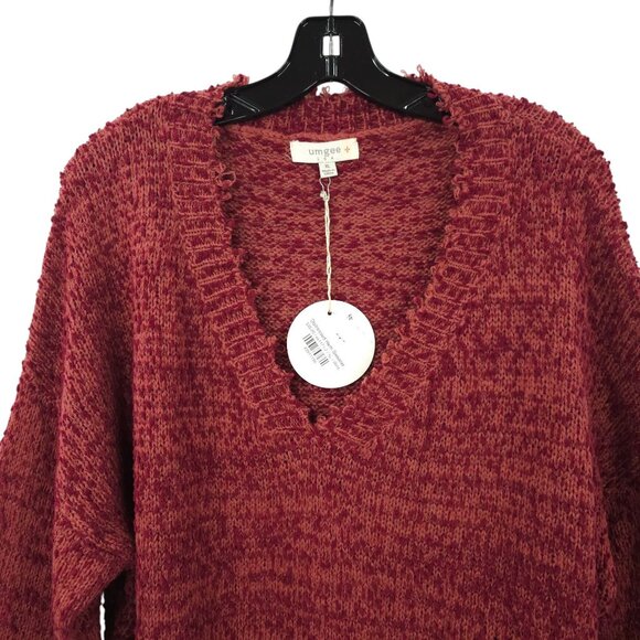 Umgee Sweater Womens XL Distressed Hem V Neck Pullover Knit Wine NEW - Picture 8 of 16